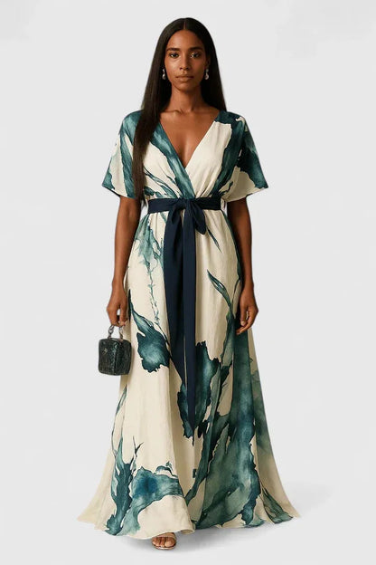Vestido de Invitada de Boda Largo Estampado Verano con Manga Corta
