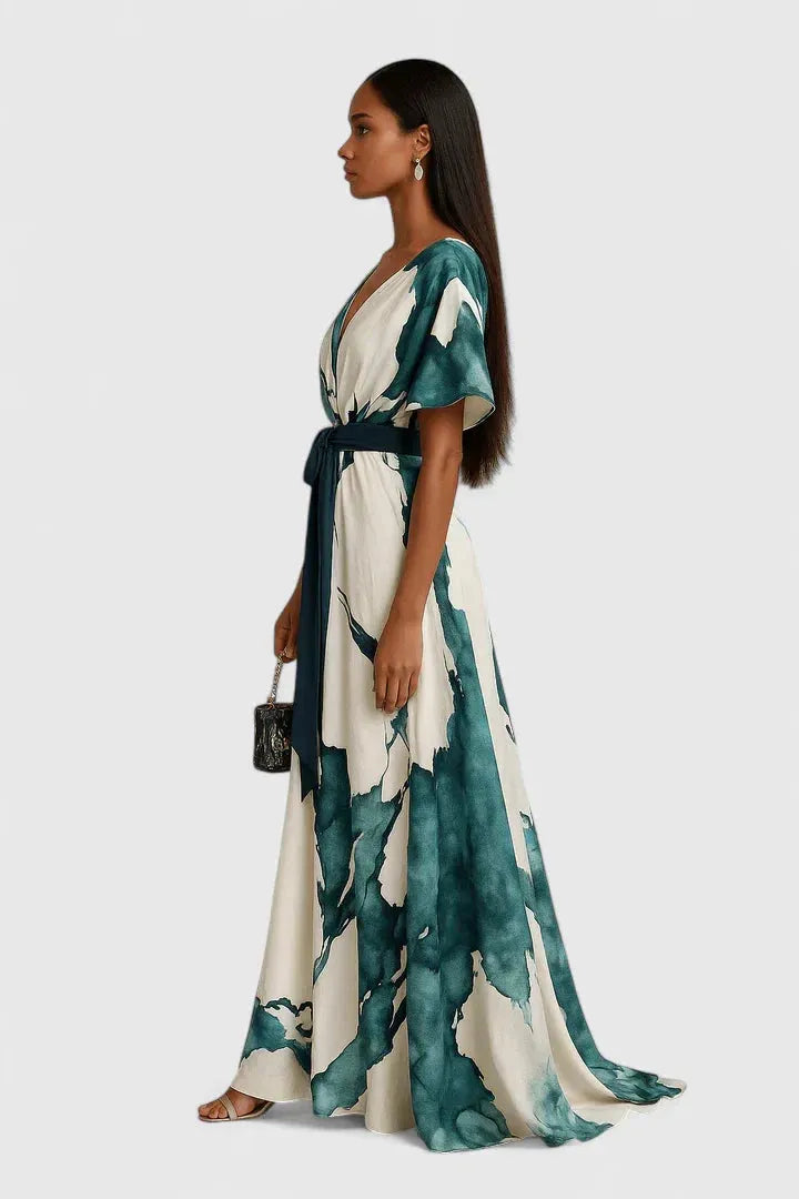 Vestido de Invitada de Boda Largo Estampado Verano con Manga Corta