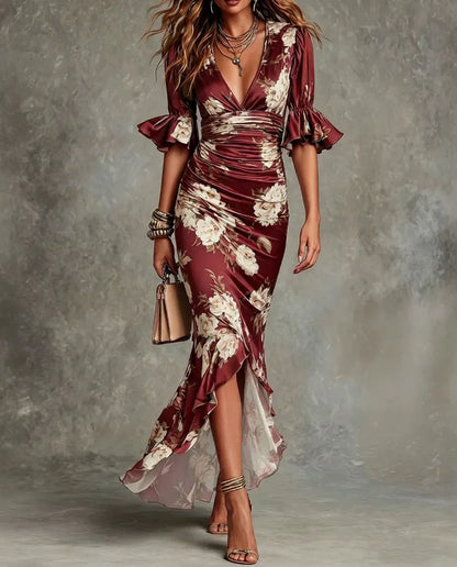 Vestido de Invitada de Boda Largo Estampado con Manga Abullonada