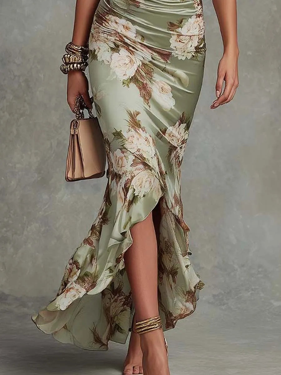 Vestido de Invitada de Boda Largo Estampado con Manga Abullonada
