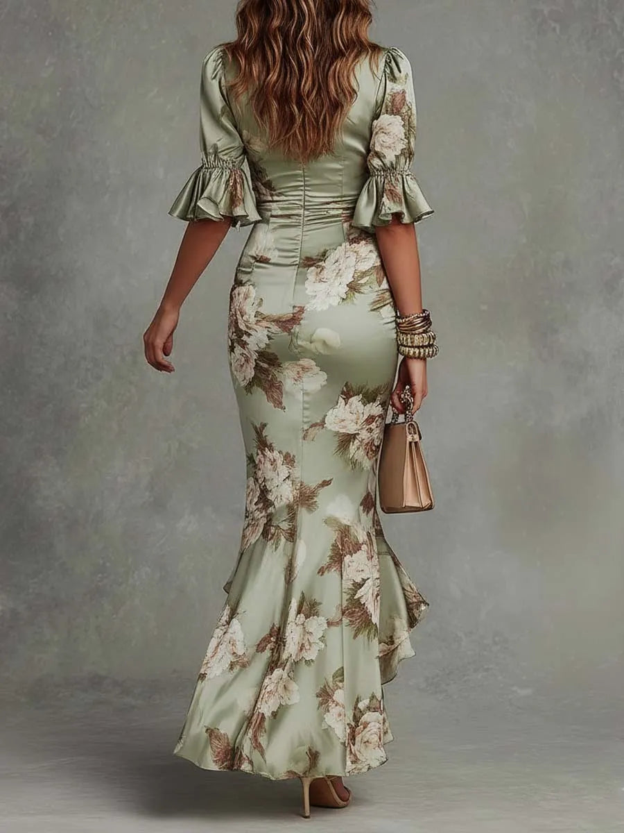 Vestido de Invitada de Boda Largo Estampado con Manga Abullonada