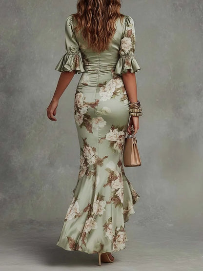 Vestido de Invitada de Boda Largo Estampado con Manga Abullonada