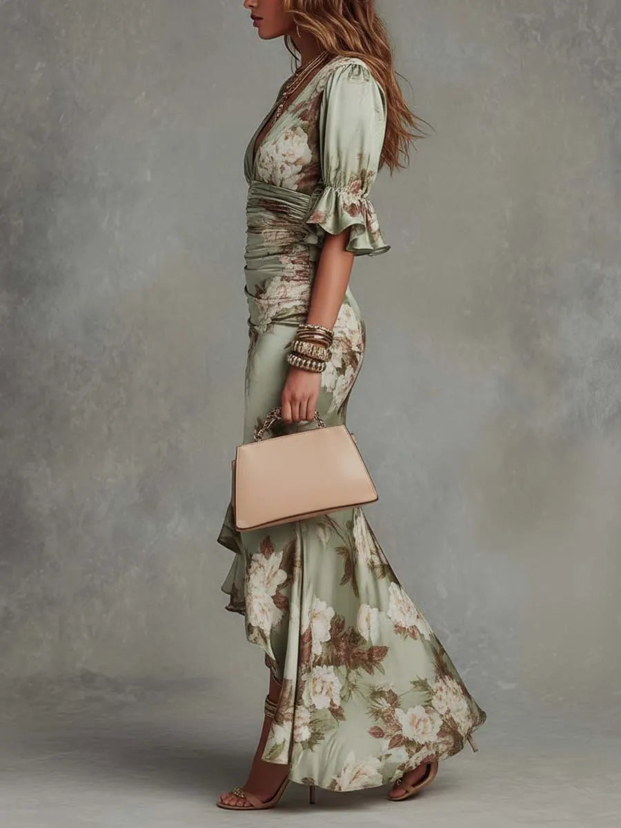 Vestido de Invitada de Boda Largo Estampado con Manga Abullonada