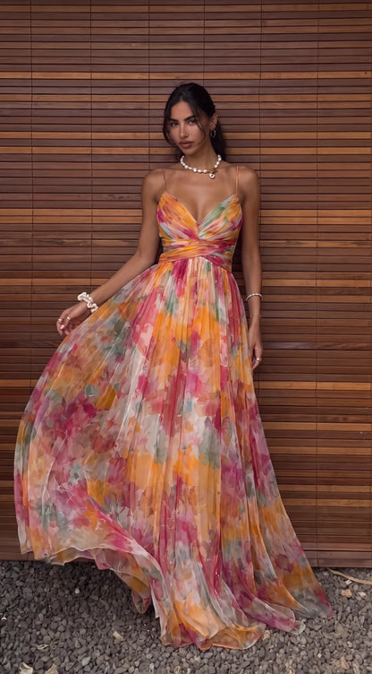 Vestido de Invitada de Boda Largo Estampado de Flores con Escote en V