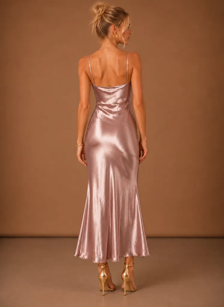 Vestido de Invitada de Boda Largo Femenino Elegante con Espalda Descubierta