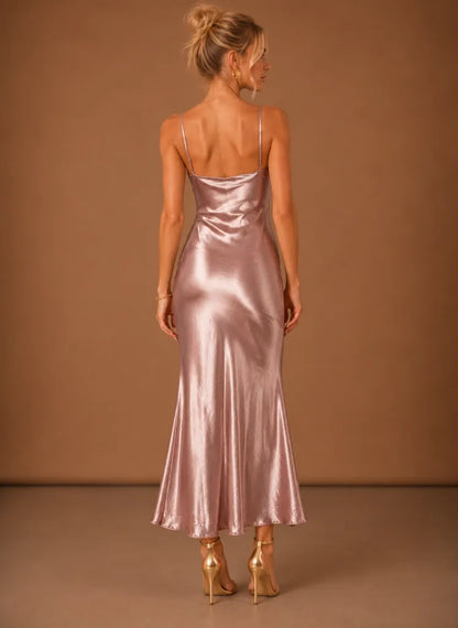 Vestido de Invitada de Boda Largo Femenino Elegante con Espalda Descubierta