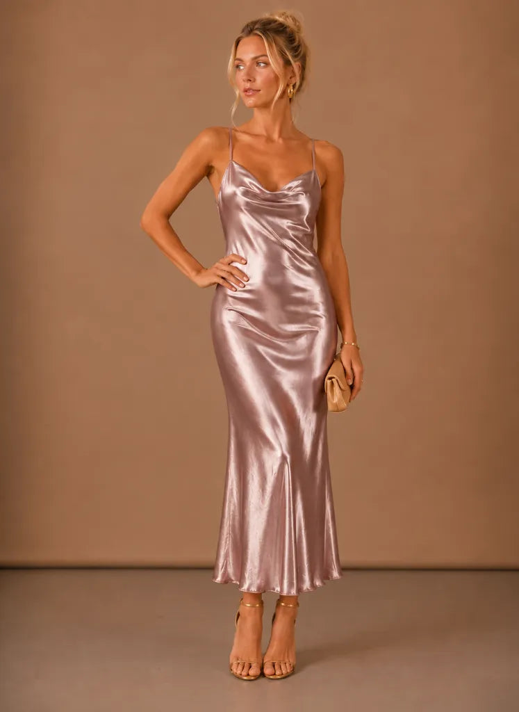 Vestido de Invitada de Boda Largo Femenino Elegante con Espalda Descubierta