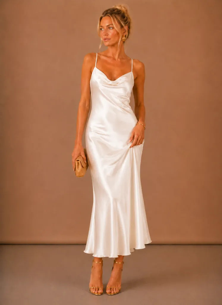 Vestido de Invitada de Boda Largo Femenino Elegante con Espalda Descubierta