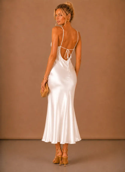 Vestido de Invitada de Boda Largo Femenino Elegante con Espalda Descubierta