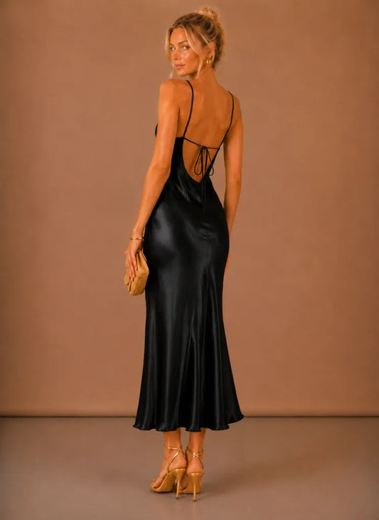 Vestido de Invitada de Boda Largo Femenino Elegante con Espalda Descubierta