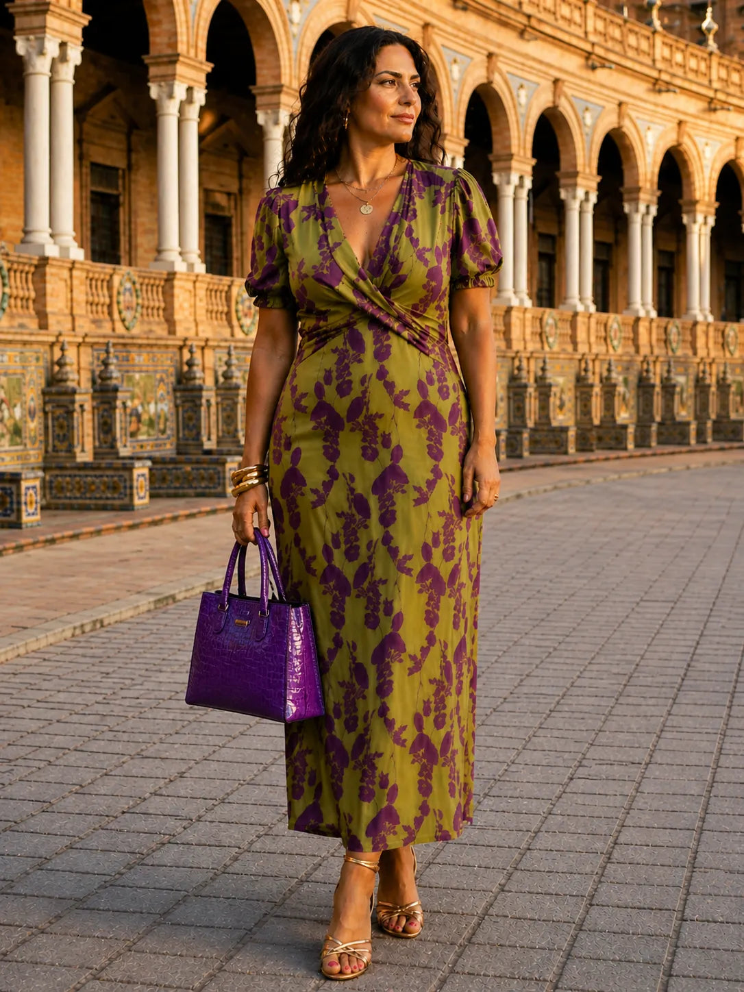 Vestido de Invitada de Boda Largo Floral Elegante con Escote en V