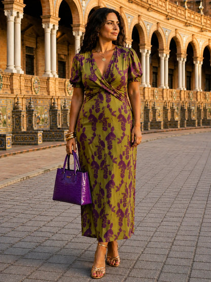 Vestido de Invitada de Boda Largo Floral Elegante con Escote en V