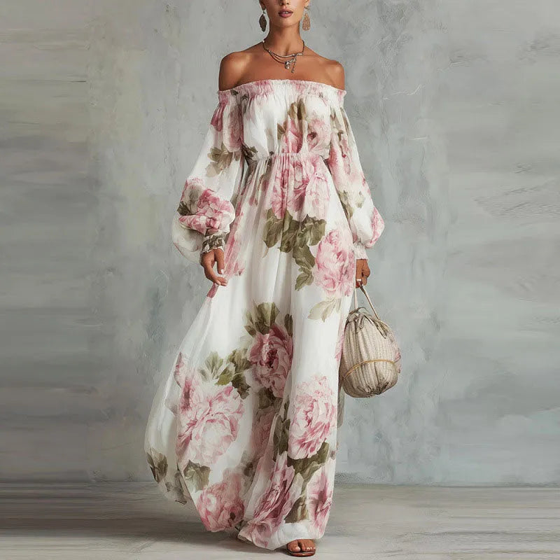 Vestido de Invitada de Boda Largo Floral Elegante con Hombros Descubiertos