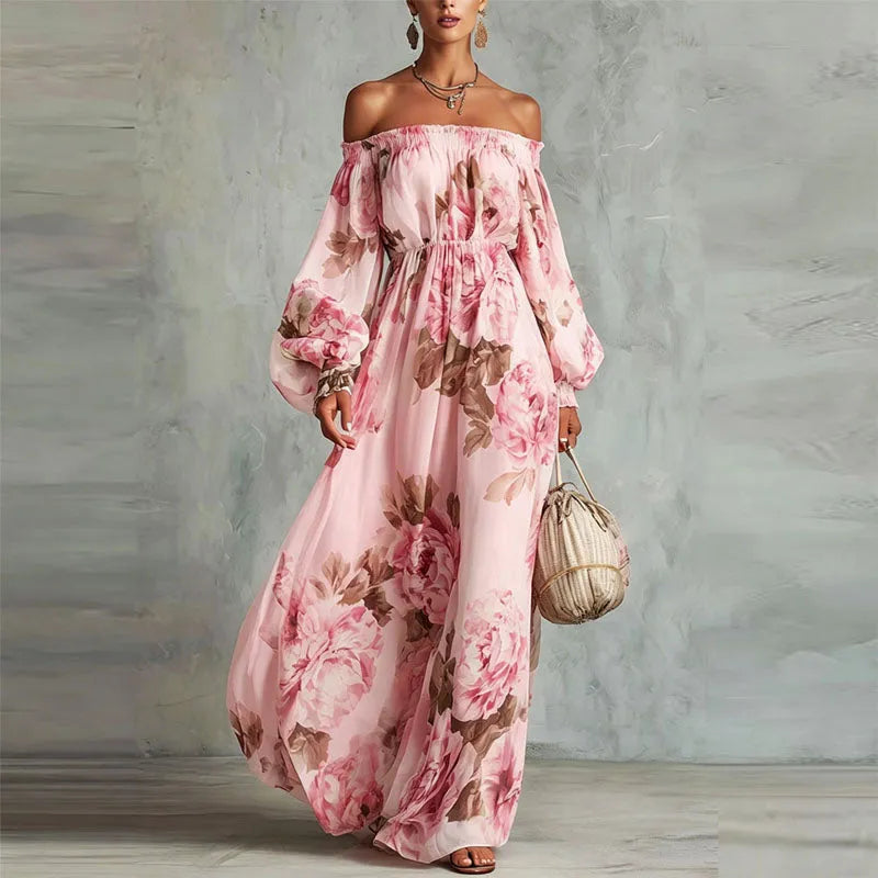 Vestido de Invitada de Boda Largo Floral Elegante con Hombros Descubiertos