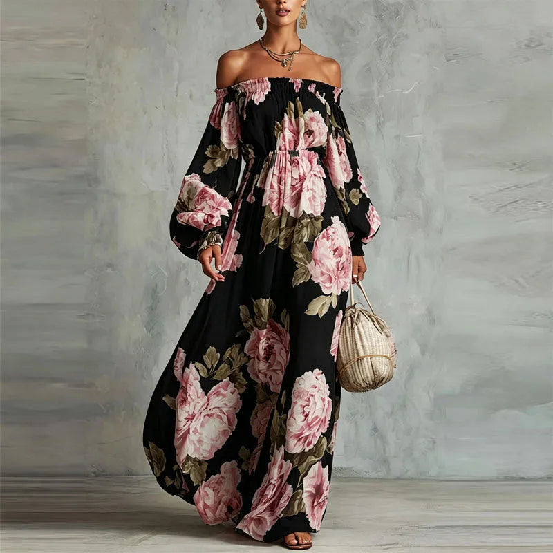 Vestido de Invitada de Boda Largo Floral Elegante con Hombros Descubiertos