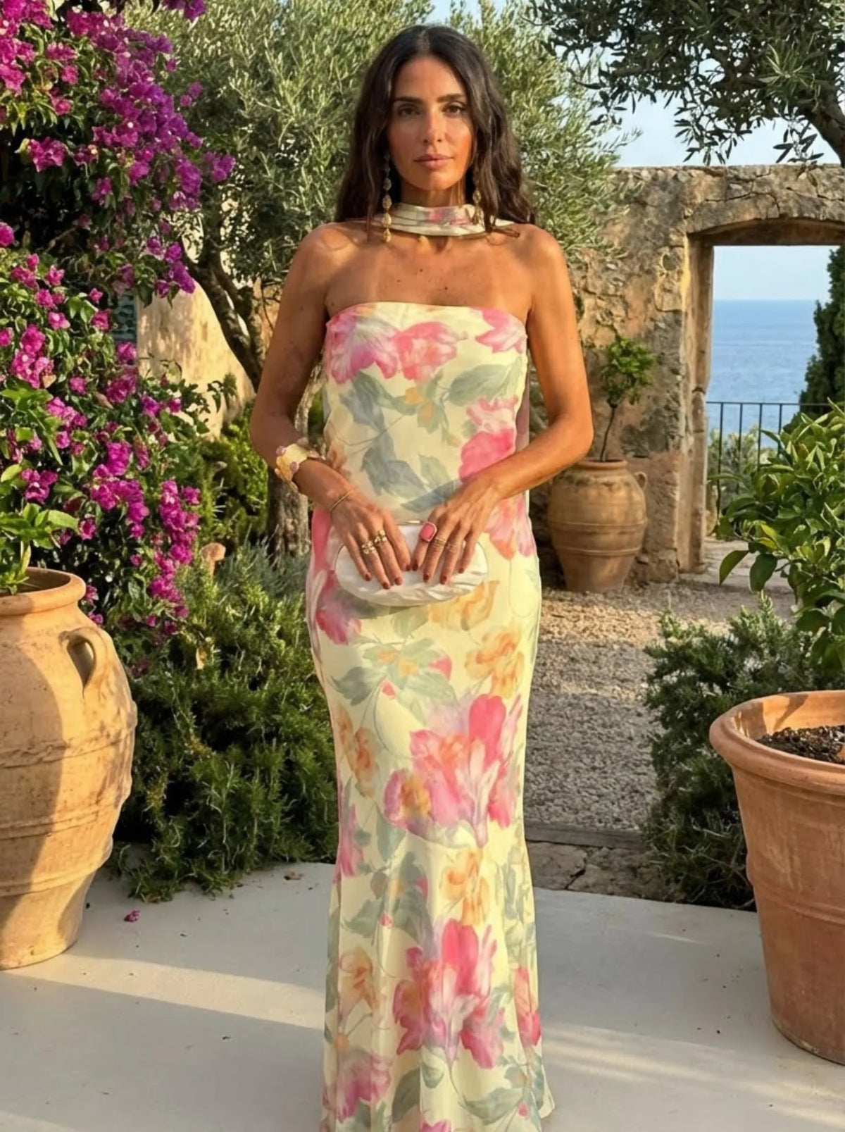 Vestido de Invitada de Boda Largo Floral Elegante con Palabra de Honor