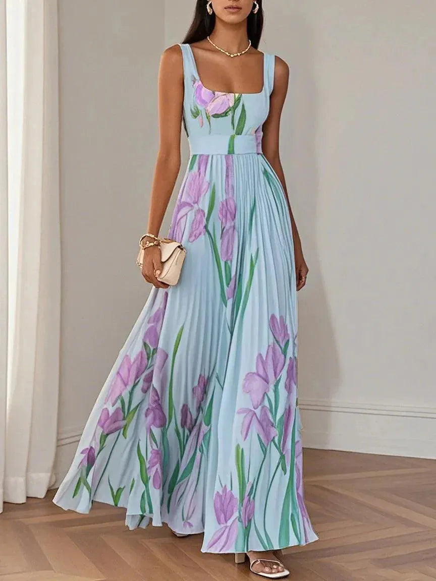 Vestido de Invitada de Boda Largo Floral Elegante con Plisado