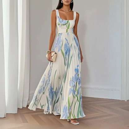 Vestido de Invitada de Boda Largo Floral Elegante con Plisado