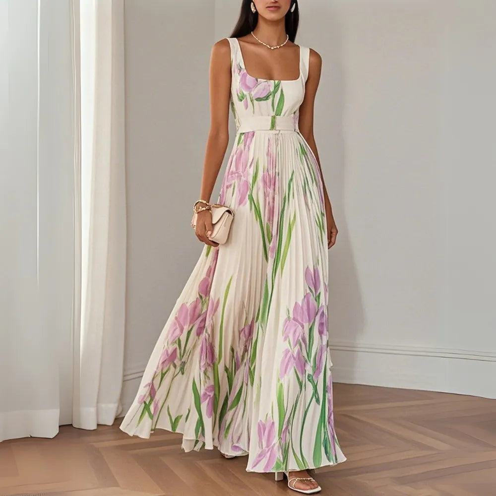 Vestido de Invitada de Boda Largo Floral Elegante con Plisado