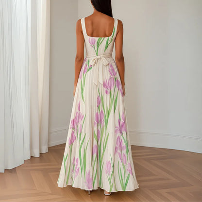 Vestido de Invitada de Boda Largo Floral Elegante con Plisado