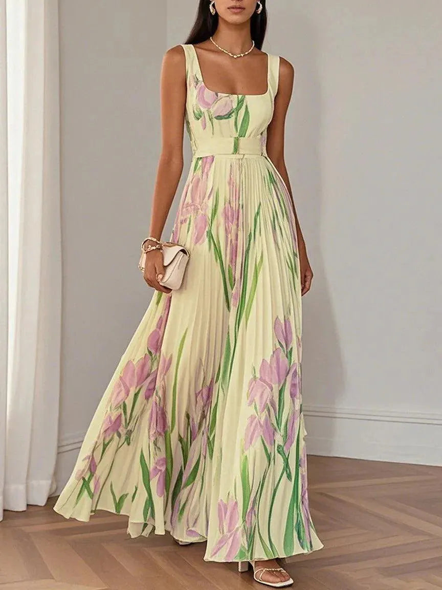 Vestido de Invitada de Boda Largo Floral Elegante con Plisado