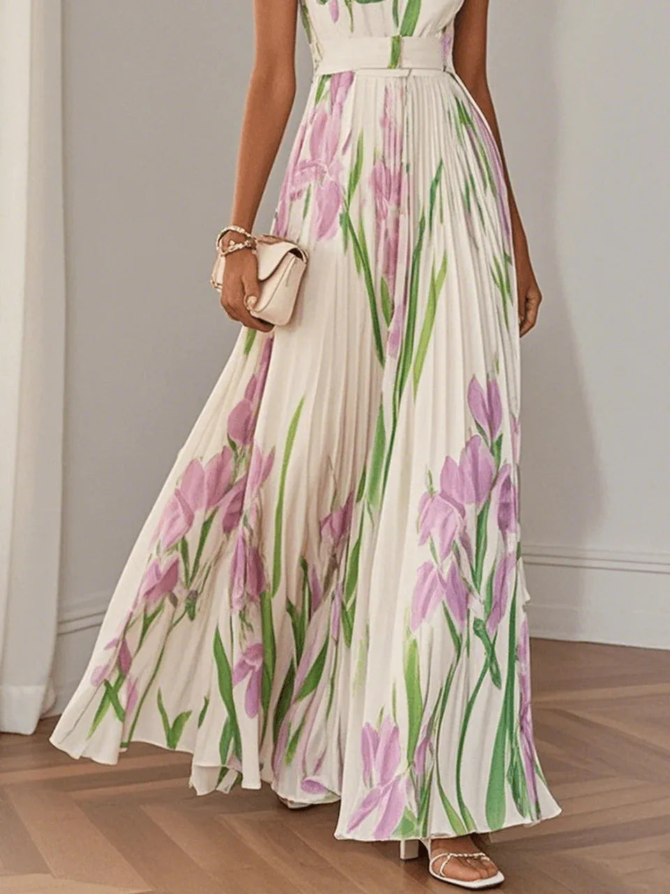 Vestido de Invitada de Boda Largo Floral Elegante con Plisado