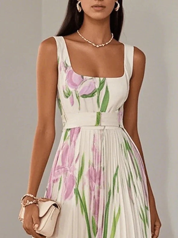 Vestido de Invitada de Boda Largo Floral Elegante con Plisado