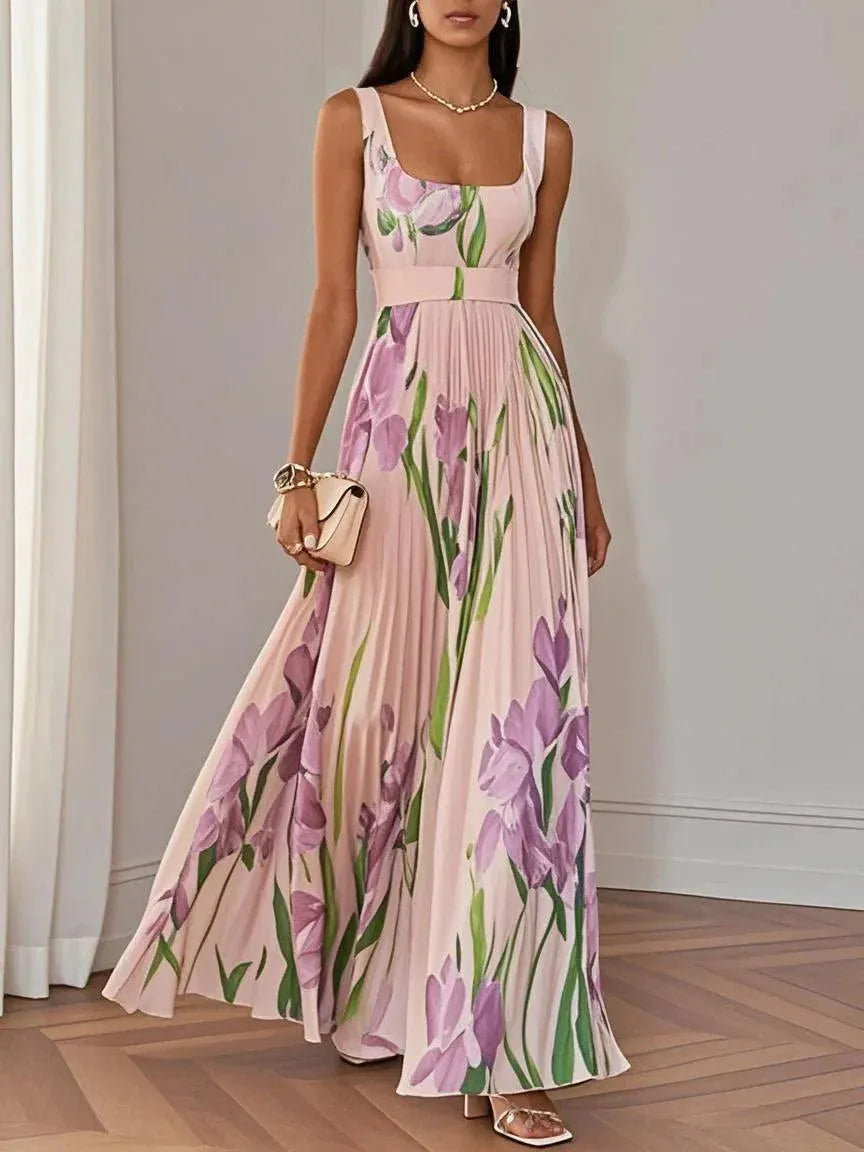 Vestido de Invitada de Boda Largo Floral Elegante con Plisado
