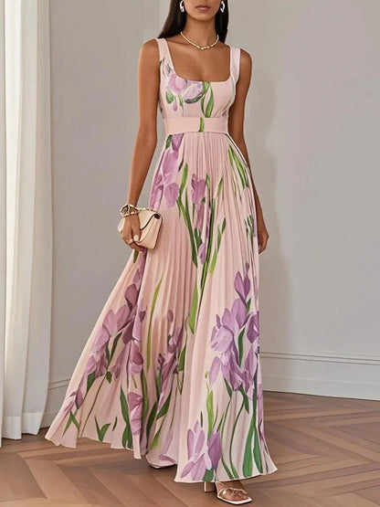 Vestido de Invitada de Boda Largo Floral Elegante con Plisado
