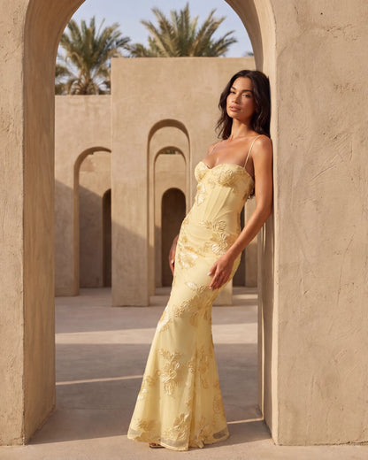 Vestido de Invitada de Boda Largo Flores Amarillo con Corset