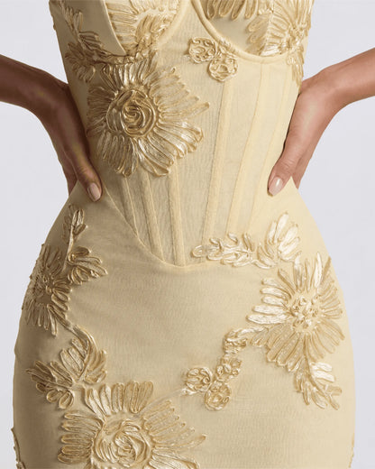 Vestido de Invitada de Boda Largo Flores Amarillo con Corset