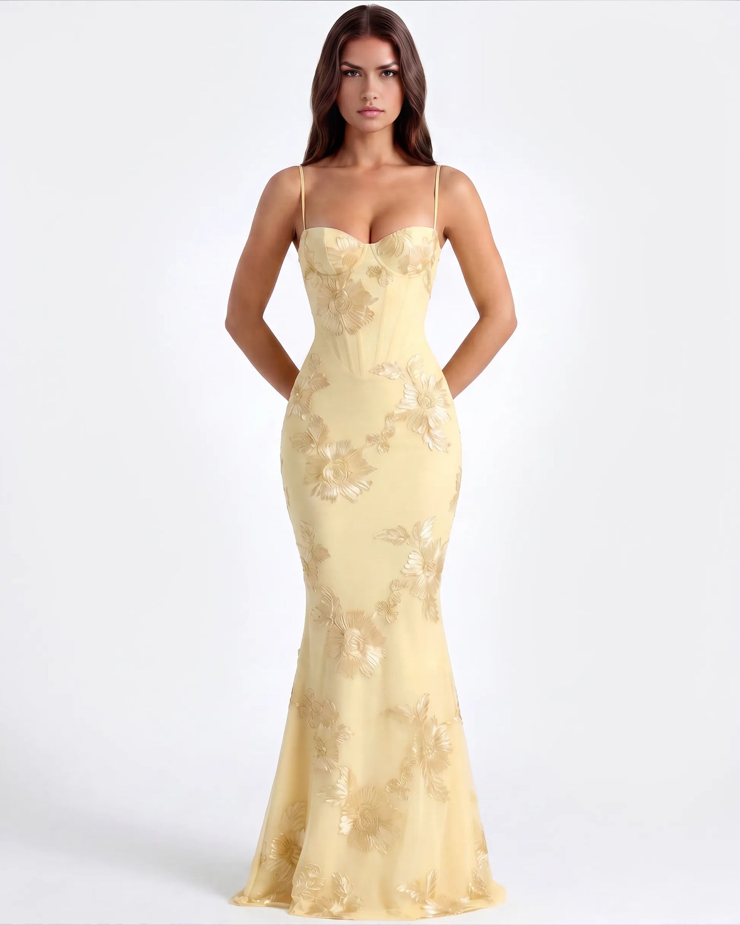 Vestido de Invitada de Boda Largo Flores Amarillo con Corset