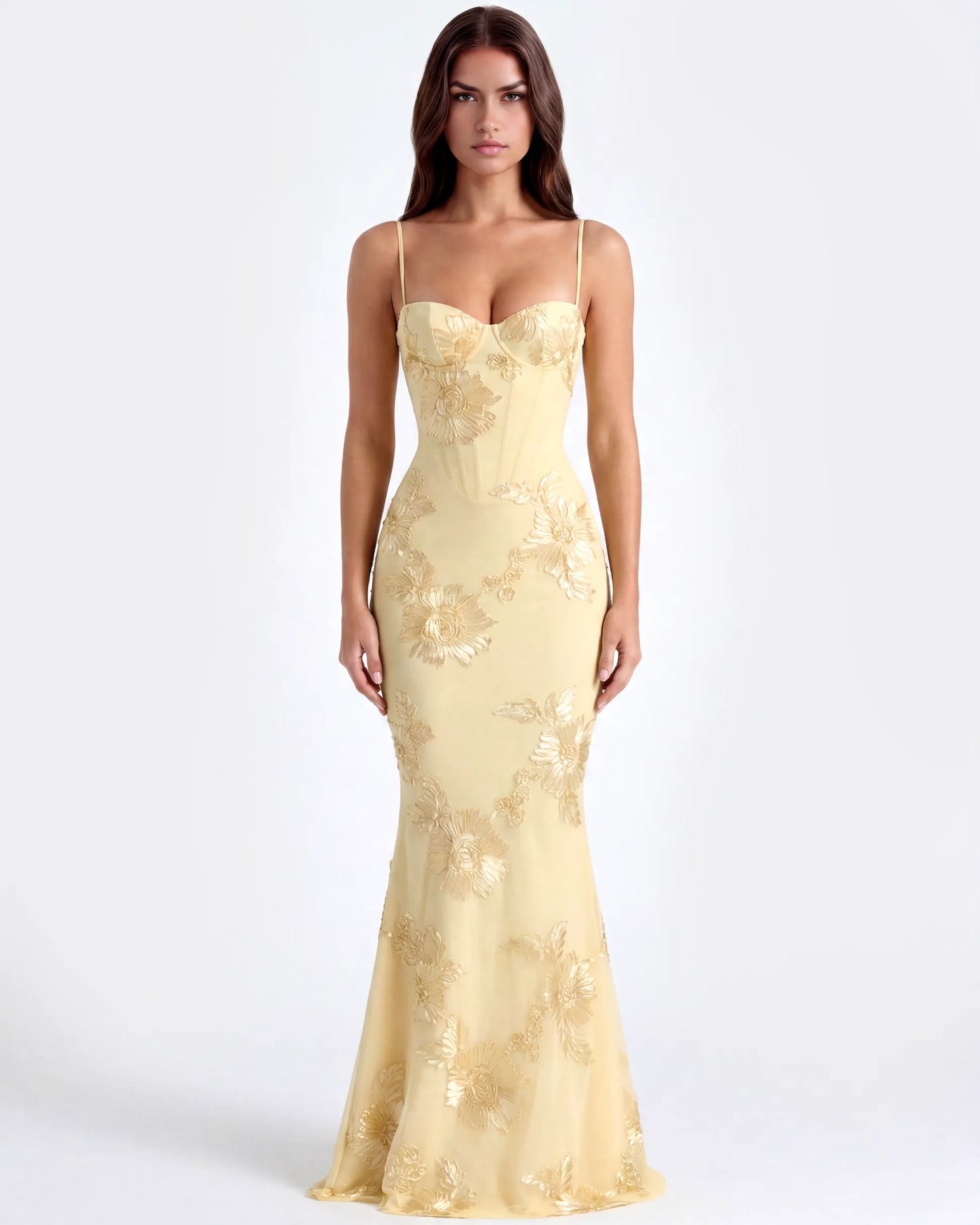 Vestido de Invitada de Boda Largo Flores Amarillo con Corset