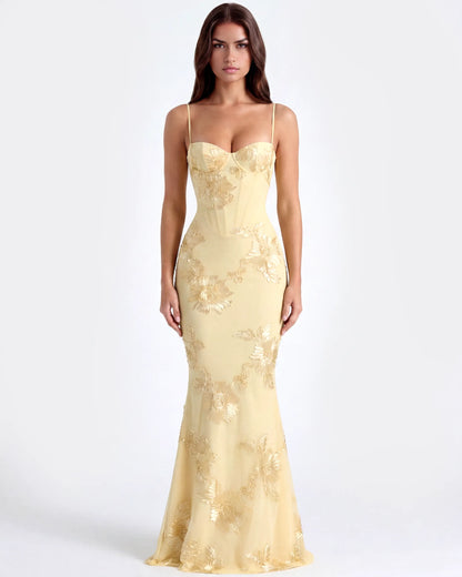 Vestido de Invitada de Boda Largo Flores Amarillo con Corset