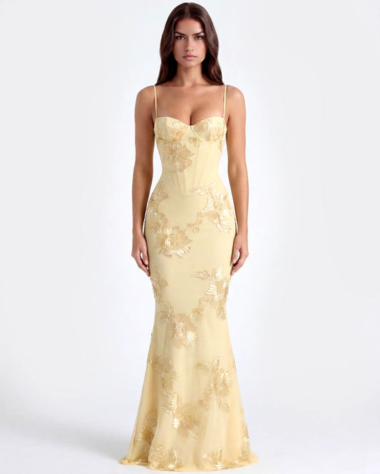 Vestido de Invitada de Boda Largo Flores Amarillo con Corset