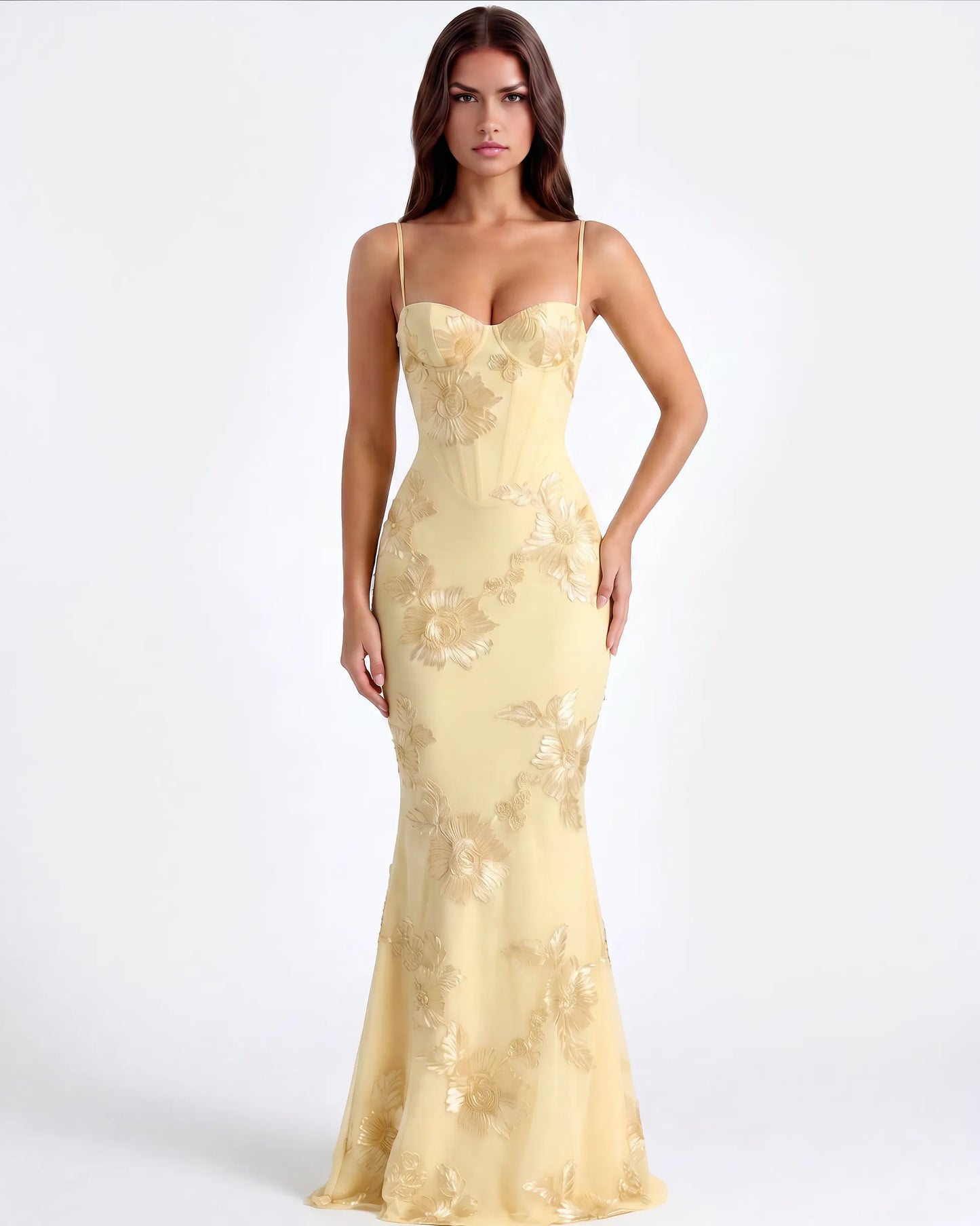 Vestido de Invitada de Boda Largo Flores Amarillo con Corset