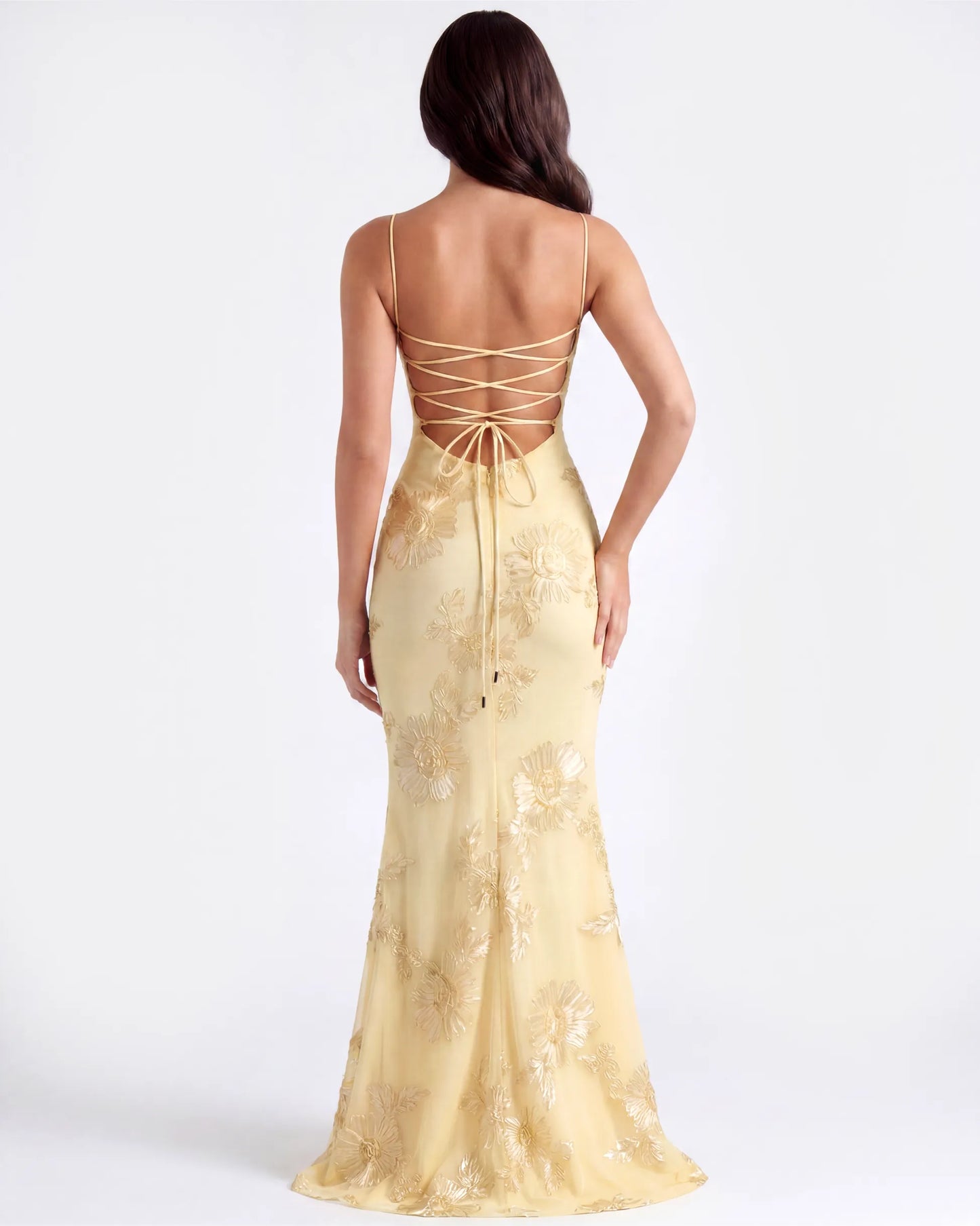 Vestido de Invitada de Boda Largo Flores Amarillo con Corset