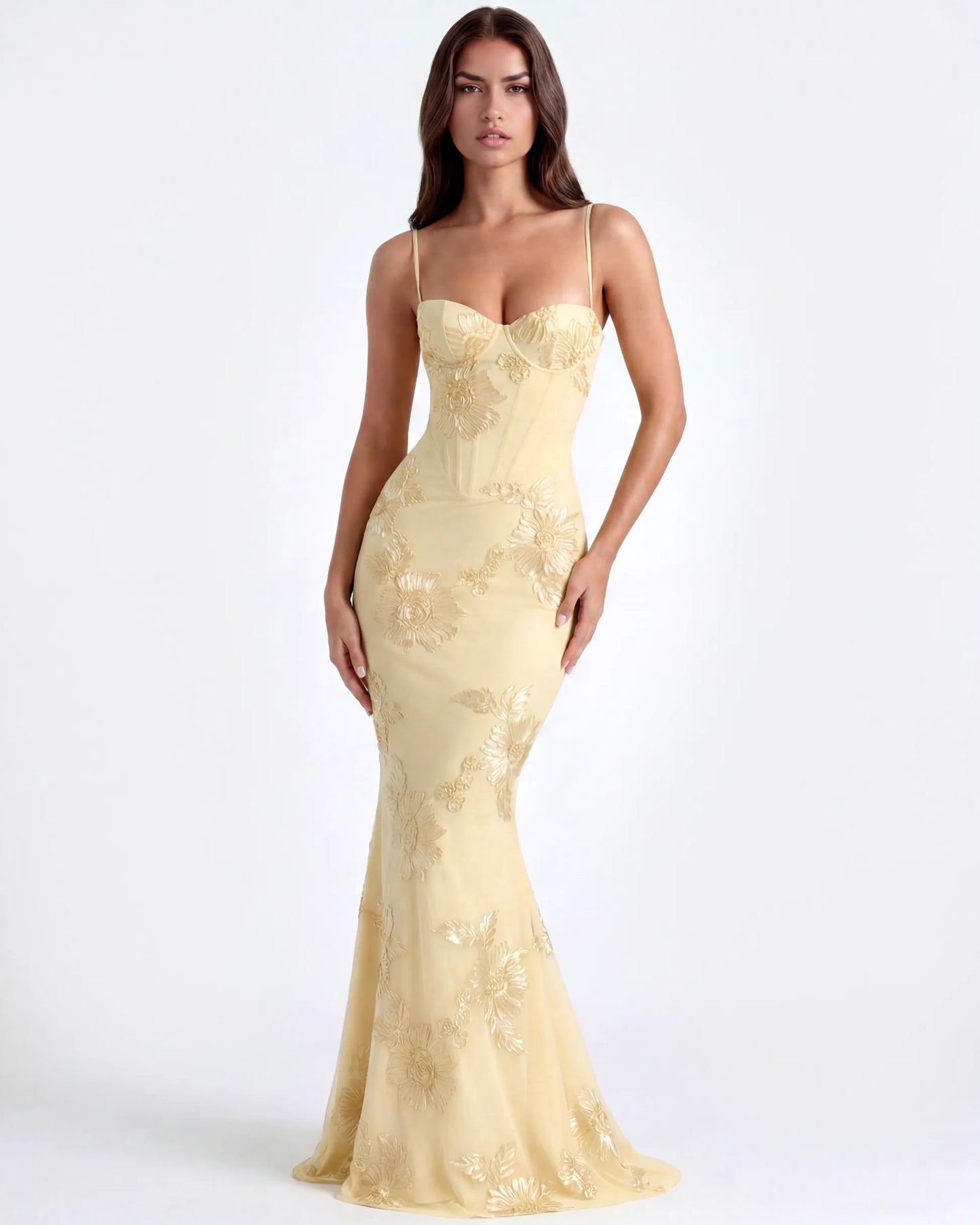 Vestido de Invitada de Boda Largo Flores Amarillo con Corset