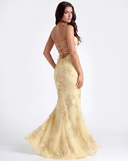 Vestido de Invitada de Boda Largo Flores Amarillo con Corset