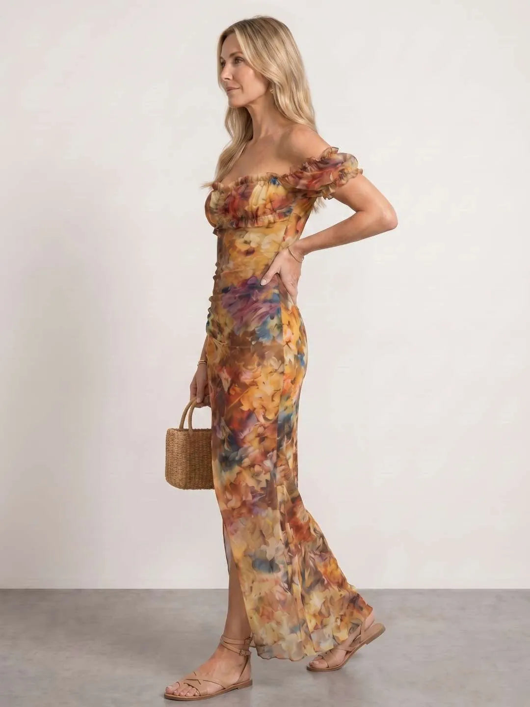 Vestido de Invitada de Boda Largo Flores Boho con Fruncido
