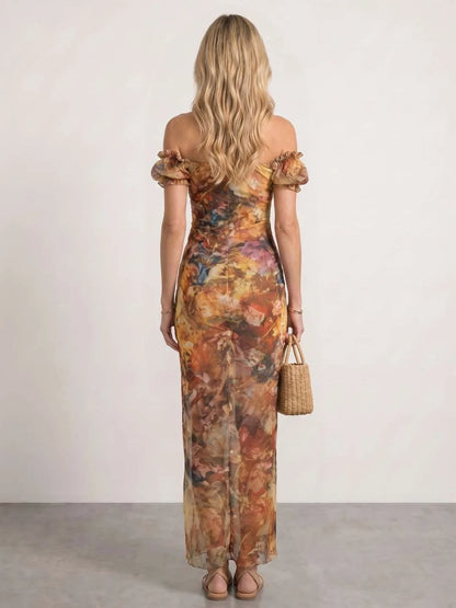 Vestido de Invitada de Boda Largo Flores Boho con Fruncido