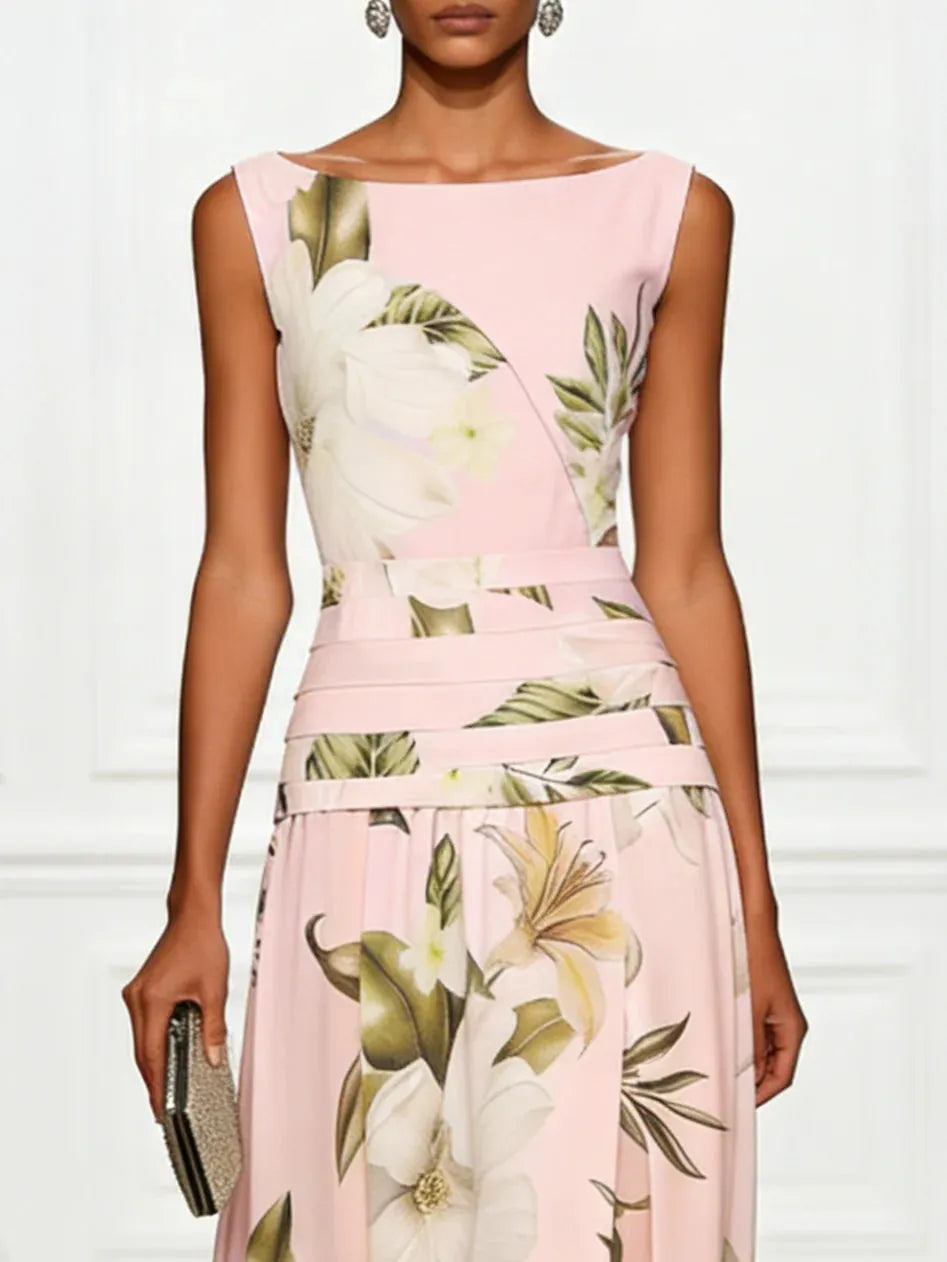 Vestido de Invitada de Boda Largo Flores Cuello Barco con Plisado Detalles