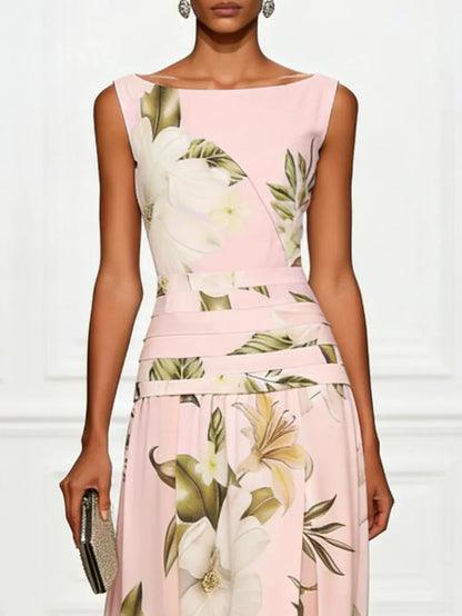 Vestido de Invitada de Boda Largo Flores Cuello Barco con Plisado Detalles