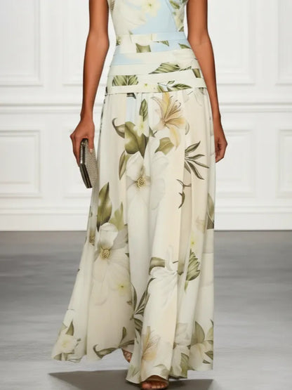 Vestido de Invitada de Boda Largo Flores Cuello Barco con Plisado Detalles