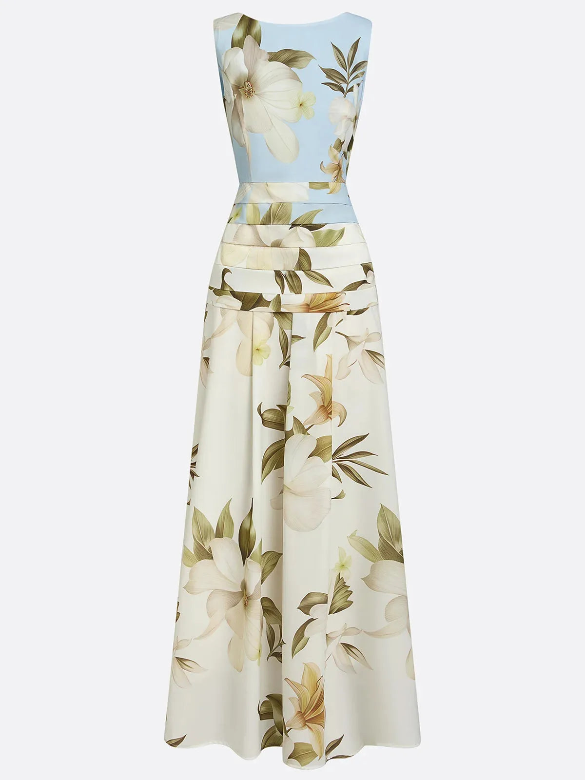 Vestido de Invitada de Boda Largo Flores Cuello Barco con Plisado Detalles