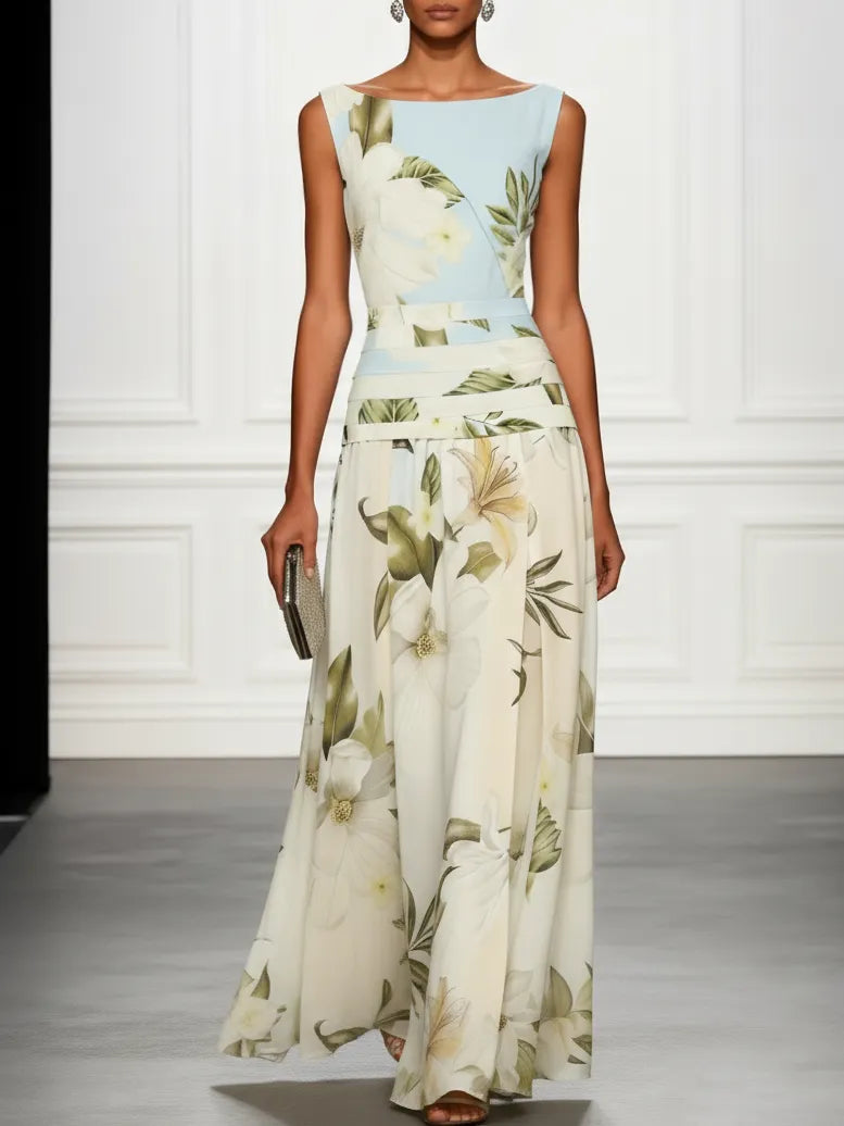 Vestido de Invitada de Boda Largo Flores Cuello Barco con Plisado Detalles