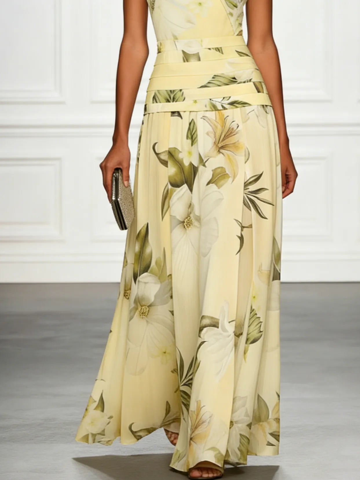 Vestido de Invitada de Boda Largo Flores Cuello Barco con Plisado Detalles
