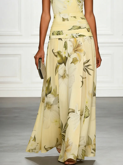 Vestido de Invitada de Boda Largo Flores Cuello Barco con Plisado Detalles