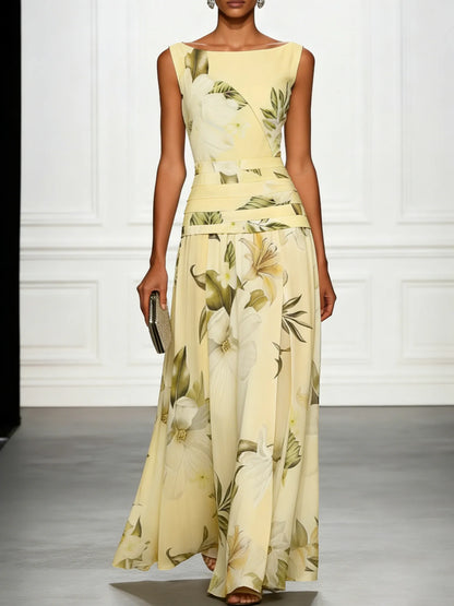 Vestido de Invitada de Boda Largo Flores Cuello Barco con Plisado Detalles