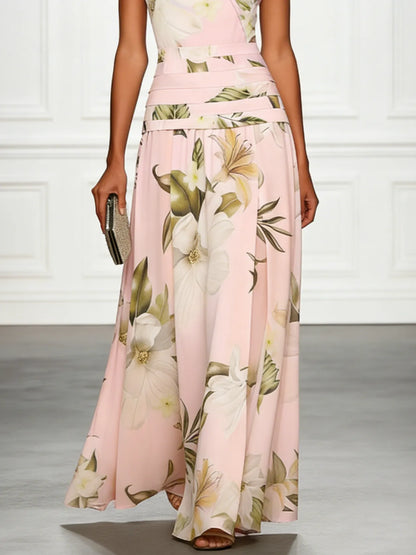 Vestido de Invitada de Boda Largo Flores Cuello Barco con Plisado Detalles